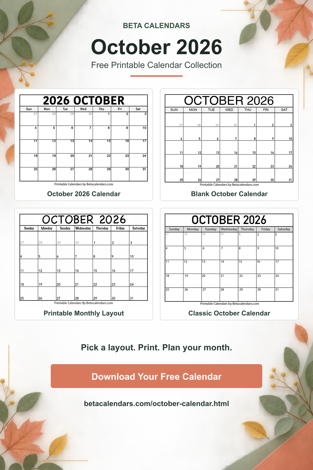 Printable October 2026 calendar from Beta Calendars